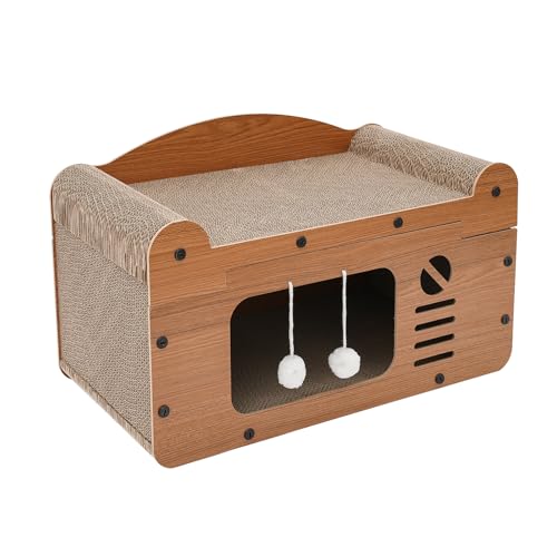 Übergröße Katzenhaus＋2*Plüschbälle& Höhle,Doppelte Dachkonstruktion Katzenbett mit Katzenkratzbrett,Katze Villa katzenhütte Outdoor Spielbällen,56 * 30 * 30cm Braun von LOIRIIC