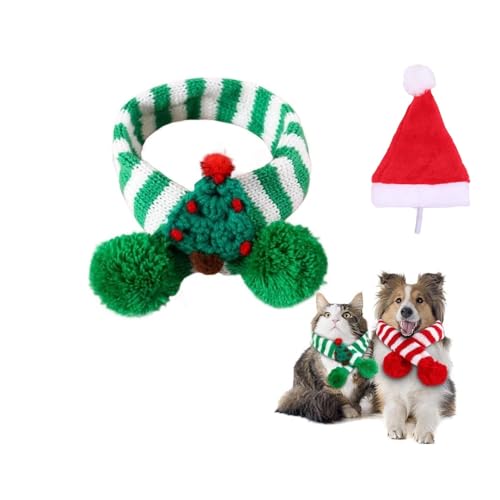 Weihnachts-Hundeschal mit Weihnachtsmannmütze, gestrickter gestreifter Weihnachtsschal aus Wolle, Winter-Haustier-Plüschschals, Hunde-Halswärmer, Welpen- und Katzen-Weihnachtskostüm-Zubehör for kleine von LOKORI