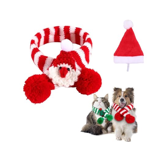 Weihnachts-Hundeschal mit Weihnachtsmannmütze, gestrickter gestreifter Weihnachtsschal aus Wolle, Winter-Haustier-Plüschschals, Hunde-Halswärmer, Welpen- und Katzen-Weihnachtskostüm-Zubehör for kleine von LOKORI