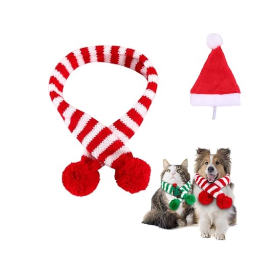 Weihnachts-Hundeschal mit Weihnachtsmannmütze, gestrickter gestreifter Weihnachtsschal aus Wolle, Winter-Haustier-Plüschschals, Hunde-Halswärmer, Welpen- und Katzen-Weihnachtskostüm-Zubehör for kleine von LOKORI