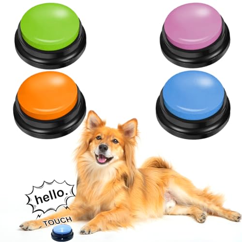 LOMUG Buzzer Mit Aufnahmefunktion Hunde, 4 Stück Answer Buzzers, Haustier Ausbildung Taste, 30-Sekunden-Aufnahmetaste, Buzzers Aufnahmefähige Tasten für Hund Interaktion,Spielzeug für Kind Interaktion von LOMUG