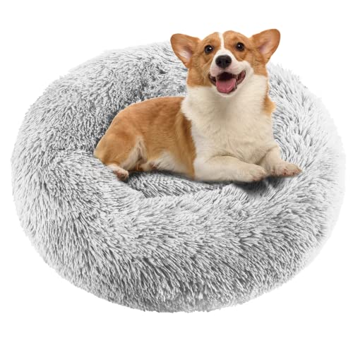 LONENESSL Plush Donut Dog Bed, Calming Cuddler Round Pet Bed, Faux Fur Flauschige Medium Sleeping Mat for Cat Dog Kitten Puppy, Soft and Comfortable Pet Cushion Machine Washable (M, Light Grey) von LONENESSL