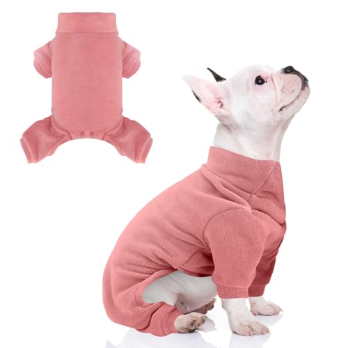 Fleece-Hunde-Pyjama, Rollkragen, Thermo-Schlafanzug, Haustier-Outfit, warmer Einteiler, weiche Welpenkleidung für kleine Hunde und Katzen, Rosarot, Größe L von LONTEPET