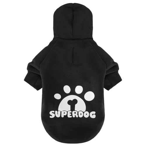 Hunde-Kapuzenpullover mit Loch für die Leine, Haustierkleidung, Welpen-Sweatshirt, Hundepullover, stilvolle Katzenbekleidung für kleine, mittelgroße Hunde und Katzen (Schwarz, Größe S) von LONTEPET