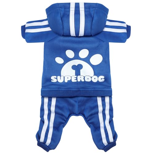 LONTEPET Hunde-Kapuzenpullover mit 4 Beinen, Overall für kleine Hunde, Welpen, Kleidung, Hundepullover, Sweatshirt, Baumwolle, Wintermantel, Katzenbekleidung (Größe XXS, Blau) von LONTEPET