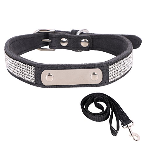 Hundehalsband Mit Namen Telefonnummer Hundemarke Adresse Individuell selbst Gestalten verstellbar Halsbänder Perlen diamanten Nieten Dog Collar Leder Design mit hundeleine als Weihnachten Geschenk von LONTG