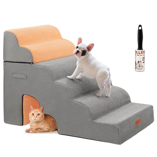 LOOBANI Hundetreppe für Hochbett, 76,2 cm Höhe, 6 Stufen, gespleißte Hundetreppe für Bett, weiche Schaumstoff-Hunderampe, Haustiertreppe für kleine Hunde, ältere Haustiere, Orange und Grau, 6 Etagen von LOOBANI