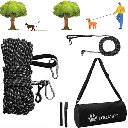 LOQATIDIS 3 in 1 Hund Tie Out Kabel, 15m 30m Portable Overhead Trolley System, reflektierende Hundeleine für Hof Camping Parks Training Laufen Wandern Outdoor, mit großer Kapazität Schultertasche von LOQATIDIS