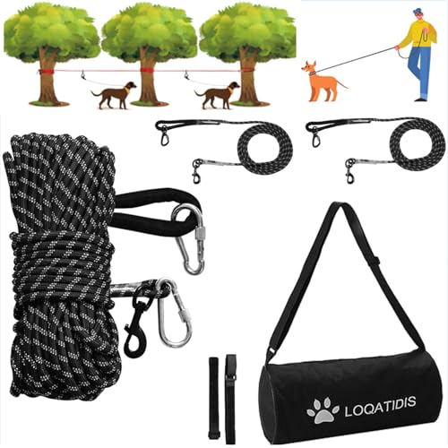 LOQATIDIS 3 in 1 Hund Tie Out Kabel, 15m 30m Portable Overhead Trolley System, reflektierende Hundeleine für Hof Camping Parks Training Laufen Wandern Outdoor, mit großer Kapazität Schultertasche von LOQATIDIS