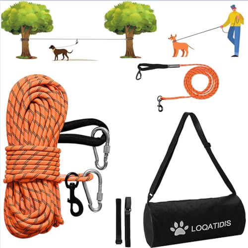 LOQATIDIS 3 in 1 Hund Tie Out Kabel, 15m 30m Portable Overhead Trolley System, reflektierende Hundeleine für Hof Camping Parks Training Laufen Wandern Outdoor, mit großer Kapazität Schultertasche von LOQATIDIS