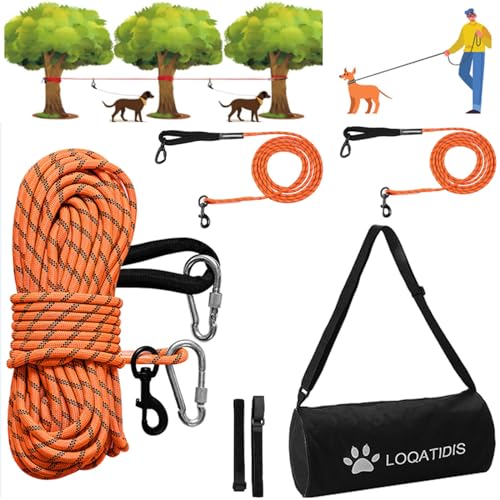 LOQATIDIS 3In1 Hundeleine aus Kabel, 50/100ft Tragbar Überkopf Trolley System. Reflektierende Hundeleine Training Seil für Camping Parks Wandern im Freien + große Umhängetasche (30m+2 * 3m-Orange) von LOQATIDIS