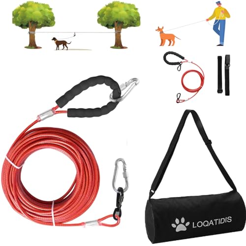 LOQATIDIS 3in1 Hund Läufer Kabelsystem, Hundeauslaufleine Metall 50ft 100ft Leine mit 360°Drehhaken, Hundeauslaufleine für Camping Ausbildung 250lbf/15m+3m/Rot von LOQATIDIS