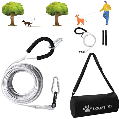 LOQATIDIS 3in1 Hund Läufer Kabelsystem, Hundeauslaufleine Metall 50ft 100ft Leine mit 360°Drehhaken, Hundeauslaufleine für Camping Ausbildung 250lbf/15m+3m/Silber von LOQATIDIS