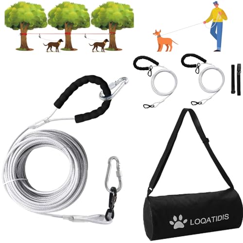 LOQATIDIS 3in1 Hund Läufer Kabelsystem, Hundeauslaufleine Metall 50ft 100ft Leine mit 360°Drehhaken, Hundeauslaufleine für Camping Ausbildung 500lbf/30m+2 * 3m Für 2 Hunde/Silber von LOQATIDIS