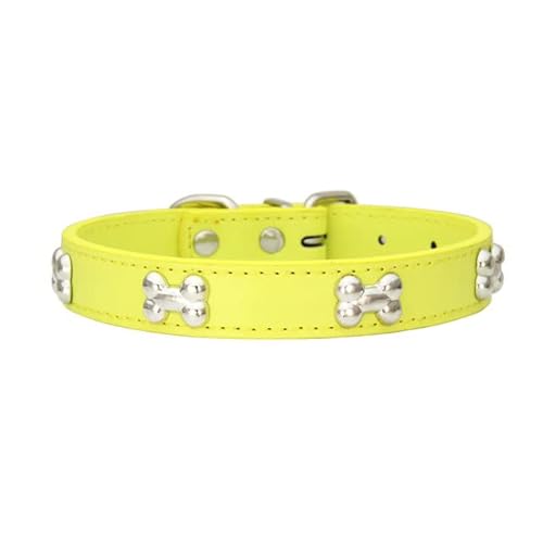 Bone Rivets Hundehalsband aus Leder, buntes Halsband für Welpen, für kleine, mittelgroße Hunde, Katze, Mops, Chihuahua, Zubehör, S-XL-Gelb,L von LORSHEL