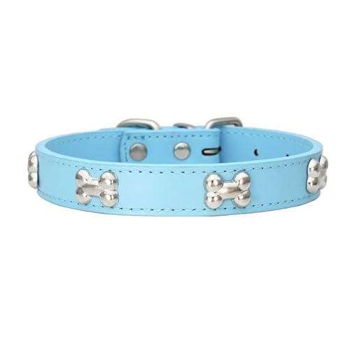 Bone Rivets Hundehalsband aus Leder, buntes Halsband für Welpen, für kleine, mittelgroße Hunde, Katze, Mops, Chihuahua, Zubehör, S-XL-Hellblau,L von LORSHEL