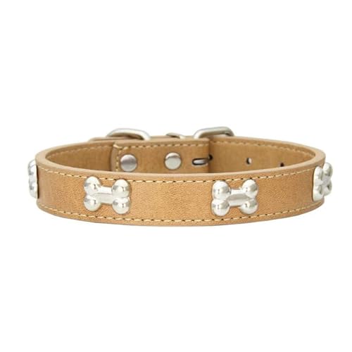 Bone Rivets Hundehalsband aus Leder, buntes Halsband für Welpen, für kleine, mittelgroße Hunde, Katze, Mops, Chihuahua, Zubehör, S-XL-Khaki,L von LORSHEL