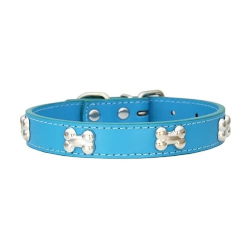 Bone Rivets Hundehalsband aus Leder Buntes Halsband für Welpen, Halsband für kleine, mittelgroße Hunde, Katze, Mops, Chihuahua, Zubehör, S-XL-Lake Blue,L von LORSHEL