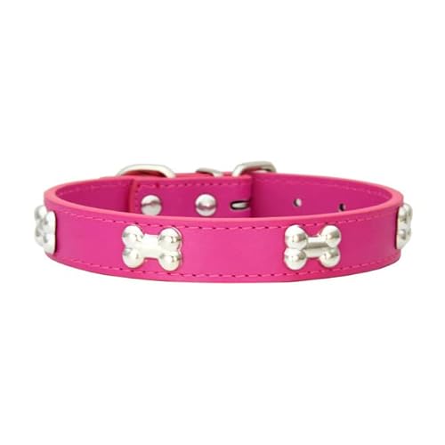 Bone Rivets Hundehalsband aus Leder Buntes Halsband für Welpen, Halsband für kleine, mittelgroße Hunde, Katze, Mops, Chihuahua, Zubehör, S-XL-Rose Red,L von LORSHEL