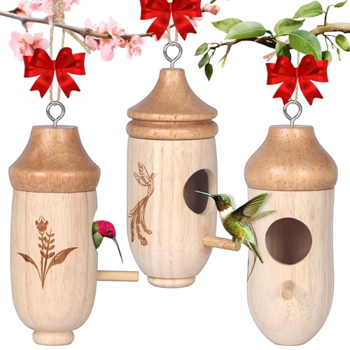 Lotkey Kolibri-Häuser, Kolibri aus Holz, für den Außenbereich, hängendes Nesthaus für Garten, Fenster, Outdoor, Heimdekoration, 3 Packungen von LOTKEY