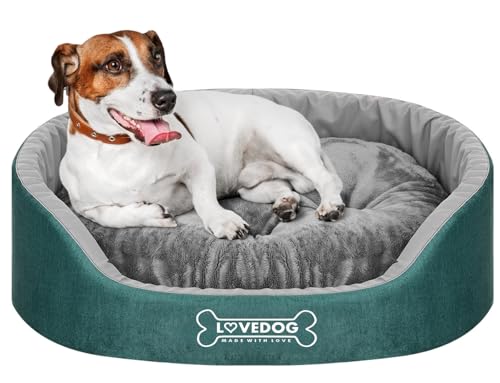 LoveDog Exclusive Hundebett für mittelgroße Hunde, Wasserfest mit Kissen, Beruhigend, Flauschig, Weicher Plüsch, Rund, Flaschengrün, Größe L von LOVEDOG