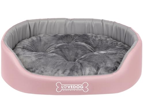 LOVEDOG Hundebett Katze Wasserfest mit Doppelseitigem Kissen, Weiches Plüsch, Beruhigend und Anti-Beulst, Flauschige Blende, Laufstall Antiallergisch Grau (Rosa mit Grau, L (70 x 60 cm)) von LOVEDOG