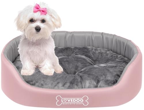 LOVEDOG Hundebett Katze Wasserfest mit Doppelseitigem Kissen, Weiches Plüsch, Beruhigend und Anti-Beulst, Flauschige Blende, Laufstall Antiallergisch Grau (Rosa mit Grau, M (60 x 50 cm)) von LOVEDOG