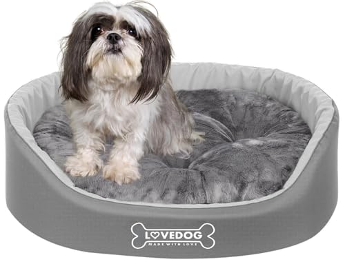 LOVEDOG Hundebett Katze Wasserfest mit Doppelseitigem Kissen, Weiches Plüsch, Beruhigend und Anti-Kling, Flauschige Blende, Laufstall Antiallergisch Grau (Hellgrau, L (70 x 60 cm)) von LOVEDOG