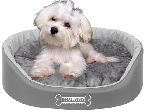 LOVEDOG Hundebett Katze Wasserfest mit Doppelseitigem Kissen, Weiches Plüsch, Beruhigend und Anti-Kling, Flauschige Blende, Laufsteg Antiallergisch Grau (Hellgrau, M (60 x 50 cm)) von LOVEDOG