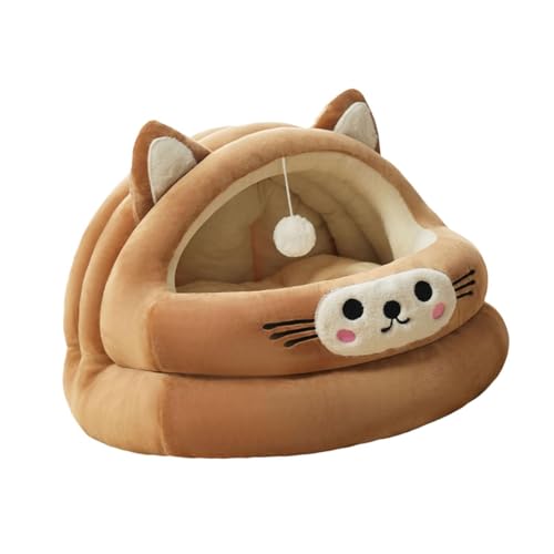 LOVIVER Katzennest mit Cartoon-Motiv, süßes Katzenbett, universell einsetzbar, mit Spielball, weiches, warmes Katzenhaus, Haustierhaus für Kätzchen, Brown S von LOVIVER