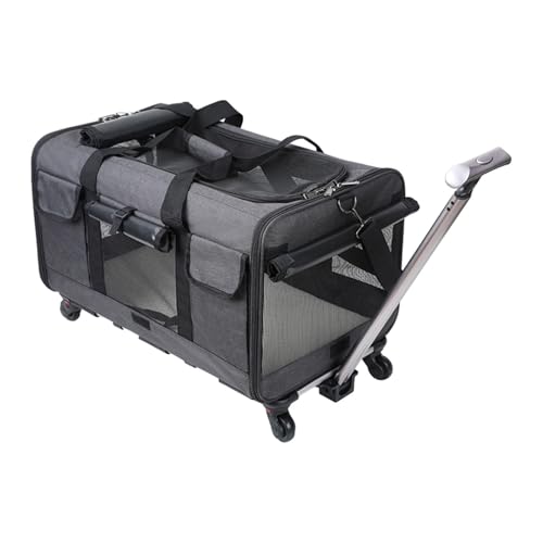 LOVIVER Transportbox für Hunde und Katzen mit Rädern, Transportbox für Haustiere, Spurstange, Doppelfach, Reisetasche für Haustiere, für Katzen, Dunkelgrau von LOVIVER