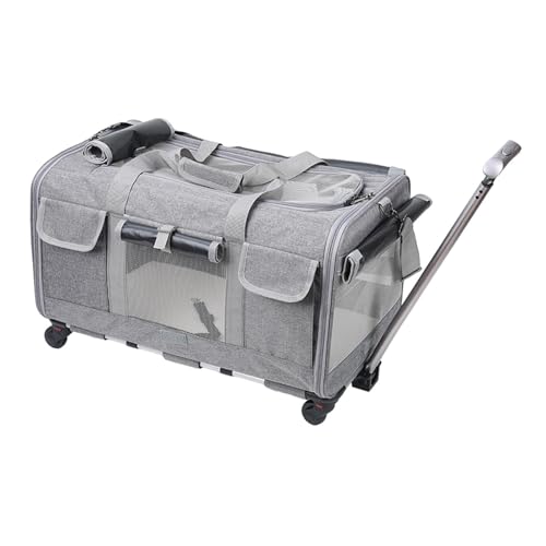 LOVIVER Transportbox für Hunde und Katzen mit Rädern, Transportbox für Haustiere, Spurstange, Doppelfach, Reisetasche für Haustiere, für Katzen, Hellgrau von LOVIVER