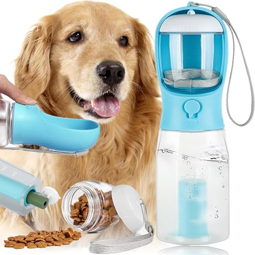 Hundewasserflasche Zum Spazieren Gehen 3-in-1 Trinkflasche Hunde für Unterwegs 600ML, Hunde Katzen Flasche mit Aktivkohlefilter für Täglich Spazieren (Blau) von LOVMEAD