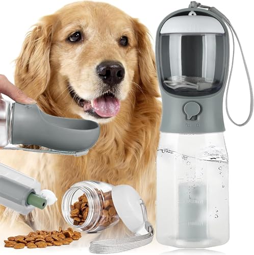 Hundewasserflasche Zum Spazieren Gehen 3-in-1 Trinkflasche Hunde für Unterwegs 600ML, Hunde Katzen Flasche mit Aktivkohlefilter für Täglich Spazieren (Grau) von LOVMEAD