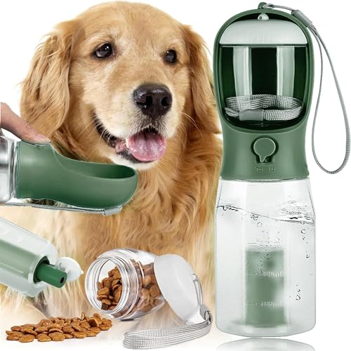 Hundewasserflasche Zum Spazieren Gehen 3-in-1 Trinkflasche Hunde für Unterwegs 600ML, Hunde Katzen Flasche mit Aktivkohlefilter für Täglich Spazieren (Grün) von LOVMEAD