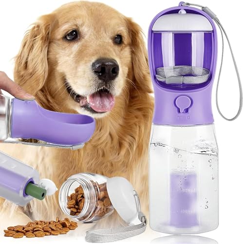 Hundewasserflasche Zum Spazieren Gehen 3-in-1 Trinkflasche Hunde für Unterwegs 600ML, Hunde Katzen Flasche mit Aktivkohlefilter für Täglich Spazieren (Lila) von LOVMEAD