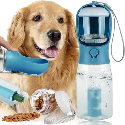 Hundewasserflasche Zum Spazieren Gehen 3-in-1 Trinkflasche Hunde für Unterwegs 600ML, Hunde Katzen Flasche mit Aktivkohlefilter für Täglich Spazieren (Marine) von LOVMEAD