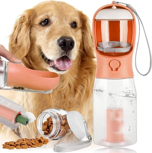 Hundewasserflasche Zum Spazieren Gehen 3-in-1 Trinkflasche Hunde für Unterwegs 600ML, Hunde Katzen Flasche mit Aktivkohlefilter für Täglich Spazieren (Orange) von LOVMEAD