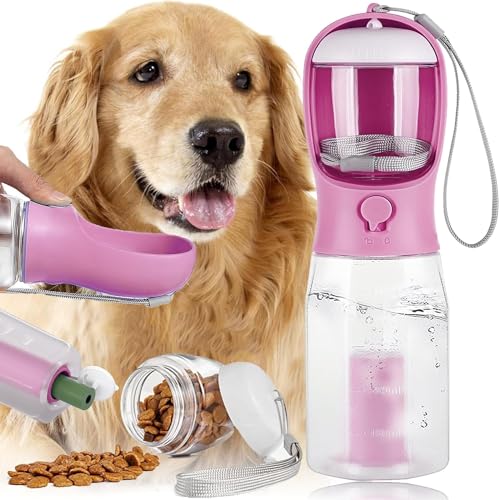 Hundewasserflasche Zum Spazieren Gehen 3-in-1 Trinkflasche Hunde für Unterwegs 600ML, Hunde Katzen Flasche mit Aktivkohlefilter für Täglich Spazieren (Rosa) von LOVMEAD