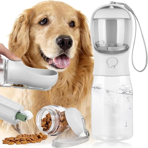 Hundewasserflasche Zum Spazieren Gehen 3-in-1 Trinkflasche Hunde für Unterwegs 600ML, Hunde Katzen Flasche mit Aktivkohlefilter für Täglich Spazieren (Weiß) von LOVMEAD