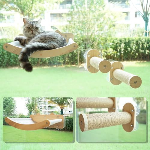 LOVMIOAW Katzen-Fensterstange, gemütliche Katzen-Fenster-Hängematte für Indoor-Katzen mit 2 Sisal-Fensterregalen – zum Sonnenbaden, Nickerchen und Überblick von LOVMIOAW