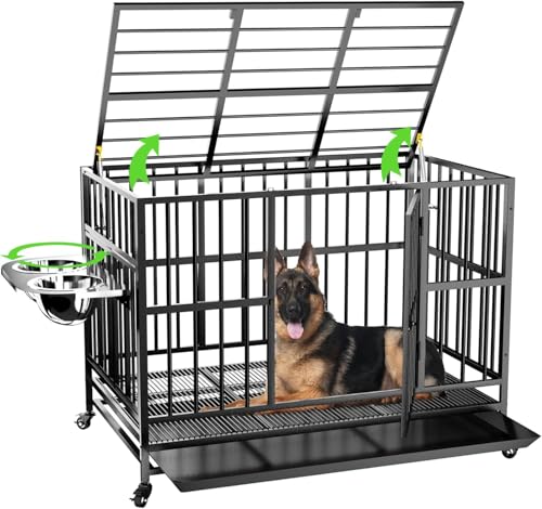 LOVMOR 121.9 cm Heavy Duty Hundebox mit Rädern/Einzigartige Air Lift Rod / 360° & Verstellbar 2 Näpfe / Abnehmbare Hundekäfig Tablett Extra Groß XL XXL Hundebox von LOVMOR