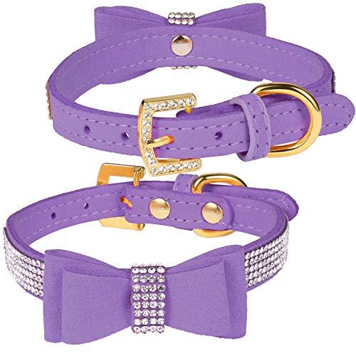 LOVPE Crystal Hundehalsband/Katzenhalsband, Samtleder mit Schleife, Strass, Welpen-/Kätzchen-Halsbänder für kleine Hunde & Katzen (Lila, S) von LOVPE