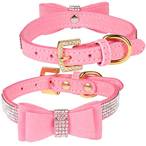 LOVPE Crystal Hundehalsband/Katzenhalsband, Samtleder mit Schleife, Strass, Welpen-/Kätzchen-Halsbänder für kleine Hunde & Katzen (Rosa, XS) von LOVPE