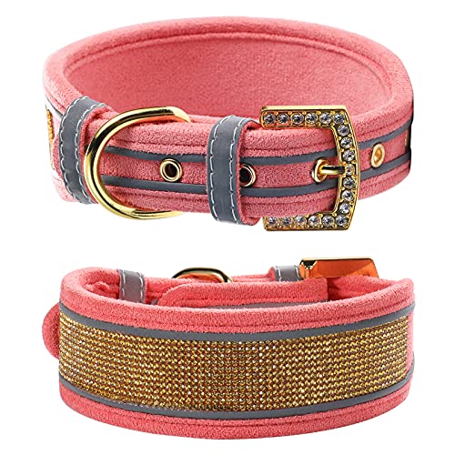 LOVPE Halsband für große Hunde, goldene Strasssteine und weiches Wildleder mit hellen reflektierenden Streifen, verstellbares Diamant-Kristall-Halsband für mittelgroße und große Hunde (Medium, Pink) von LOVPE