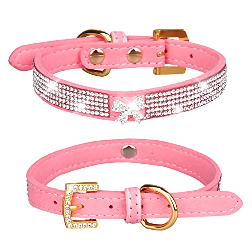 LOVPE Hundehalsband, Diamant-Schleife, goldene Schnalle, hochwertiges Samt-Leder mit glitzernden Strasssteinen, Halsband für Welpen, Kätzchen, kleine, mittelgroße Katzen, Hunde (Größe S, Rosa) von LOVPE