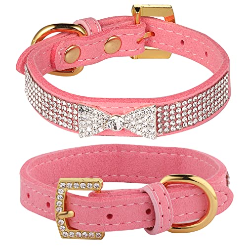 LOVPE Hundehalsband, Katzenhalsband, glitzernde Kristall-Diamant-Schleife, goldene Schnalle, hochwertiges Samt-Leder mit glitzernden Strasssteinen, Halsband für Welpen, mittelgroße Katzen, Hunde von LOVPE