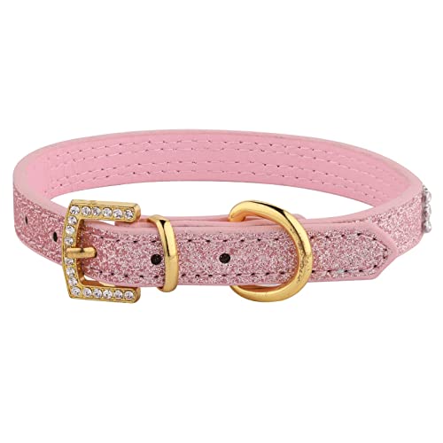 LOVPE Hundehalsband, Katzenhalsband, goldene Kristall-Diamantschnalle, hochwertiges Glitzer-PU-Leder mit Strasssteinen für kleine Hunde, mittelgroße Katzen, Hunde (XS, Rosa) von LOVPE