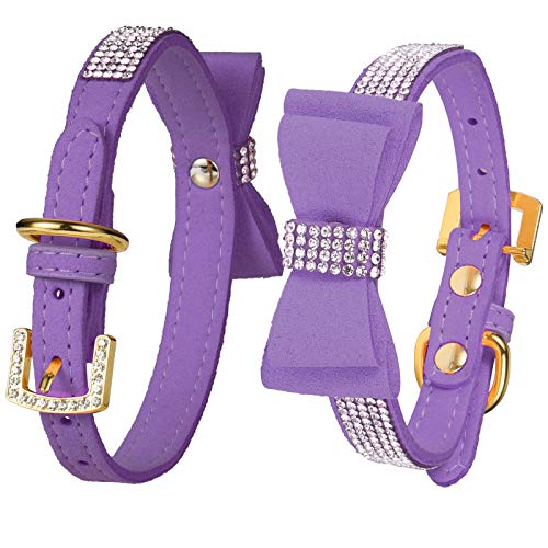 LOVPE Hundehalsband/Katzenhalsband, Kristall-Samtleder mit Schleife, Strass-Halsbänder für Welpen/Kätzchen, kleine Hunde und Katzen (XS (Halsumfang für: 20,3 - 25,4 cm), Lila von LOVPE