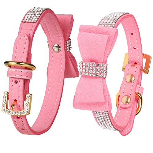 LOVPE Hundehalsband/Katzenhalsband, Kristall-Samtleder mit Schleife, Strass-Halsbänder für Welpen/Kätzchen, kleine Hunde und Katzen (XS (Halsumfang: 20,3 - 25,4 cm), Rosa) von LOVPE